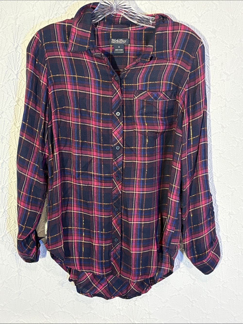 Lucky Brand Navy and Pink Plaid Button-Down Shirt with gold pin accent Cabincore